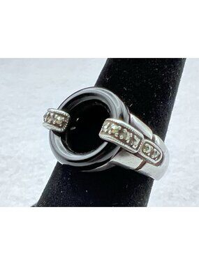 Vintage 925 Sterling Silver Black Onyx Marcasite Modernist Ring Size 7.75